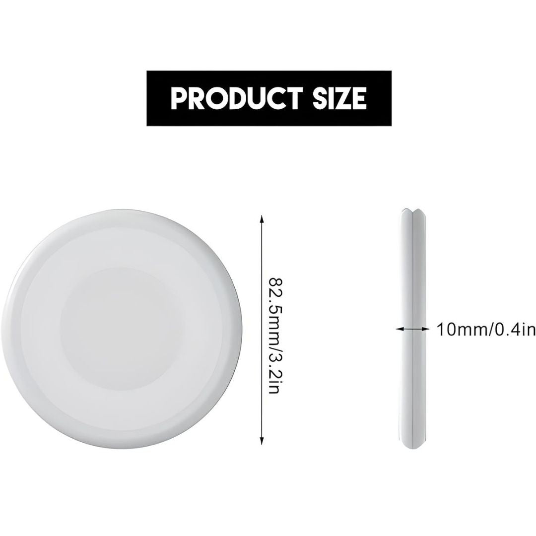 Round wireless charger, 82.5mm diameter, 10mm thickness, white color. Compact design, ideal for fast charging smartphones and devices.