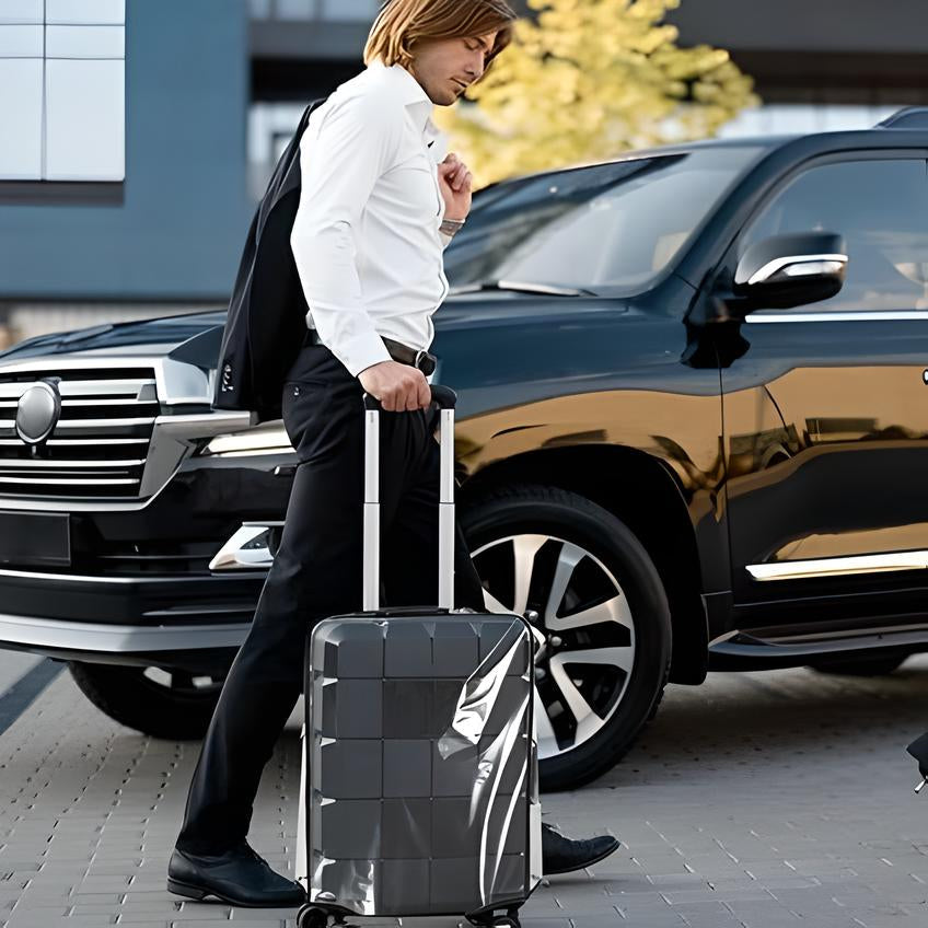 Man with sleek black suitcase near luxury SUV, wearing formal attire. Travel, business trip, stylish luggage, modern transportation.