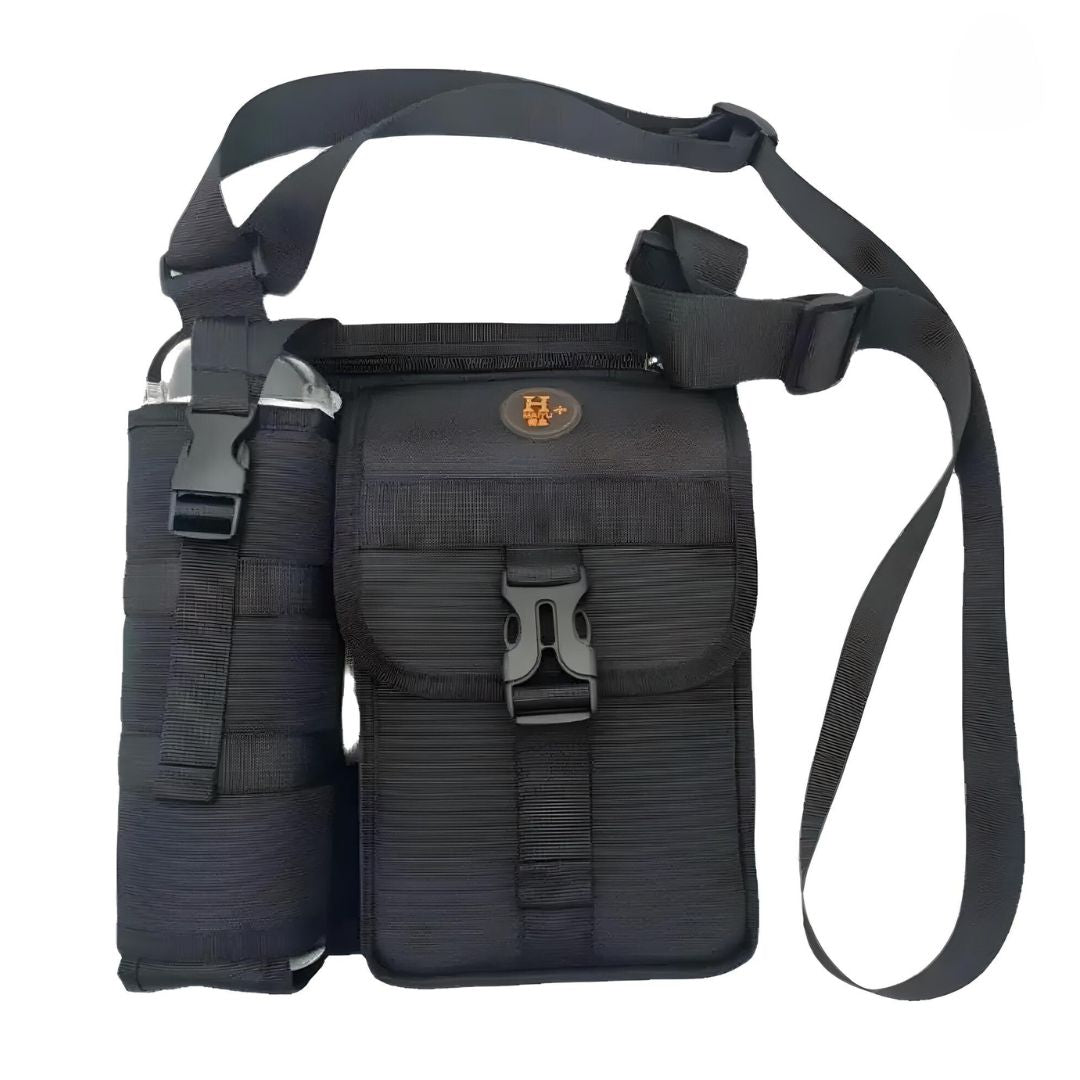 Tactical black shoulder bag with adjustable strap, multiple compartments, and secure buckle closure. Ideal for outdoor activities and travel gear.