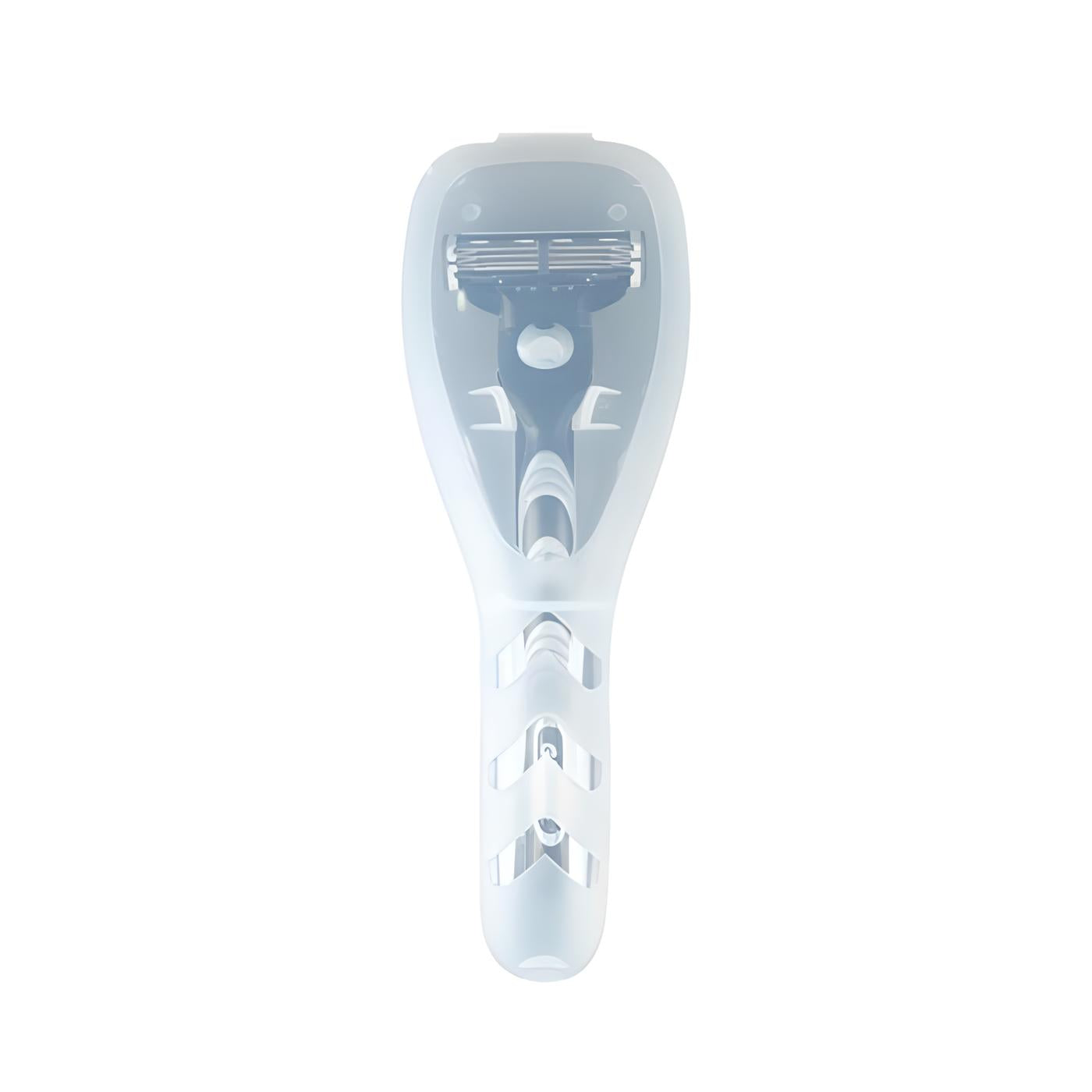 Transparent razor with ergonomic handle and multi-blade system, ideal for smooth shaving. High-quality grooming tool for men and women.