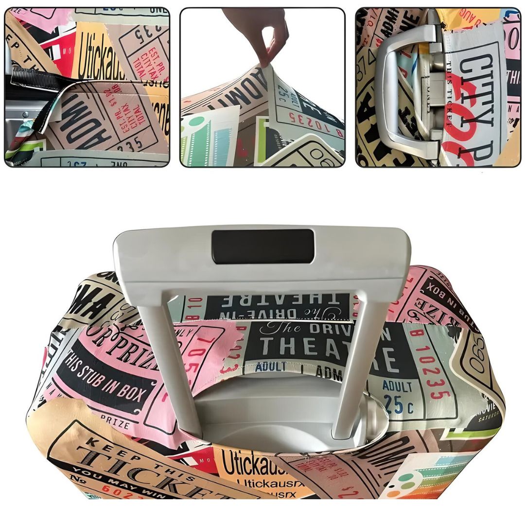 Colorful suitcase cover with vintage ticket print, featuring a secure zipper, handle access, and durable fabric. Ideal for travel protection and style.