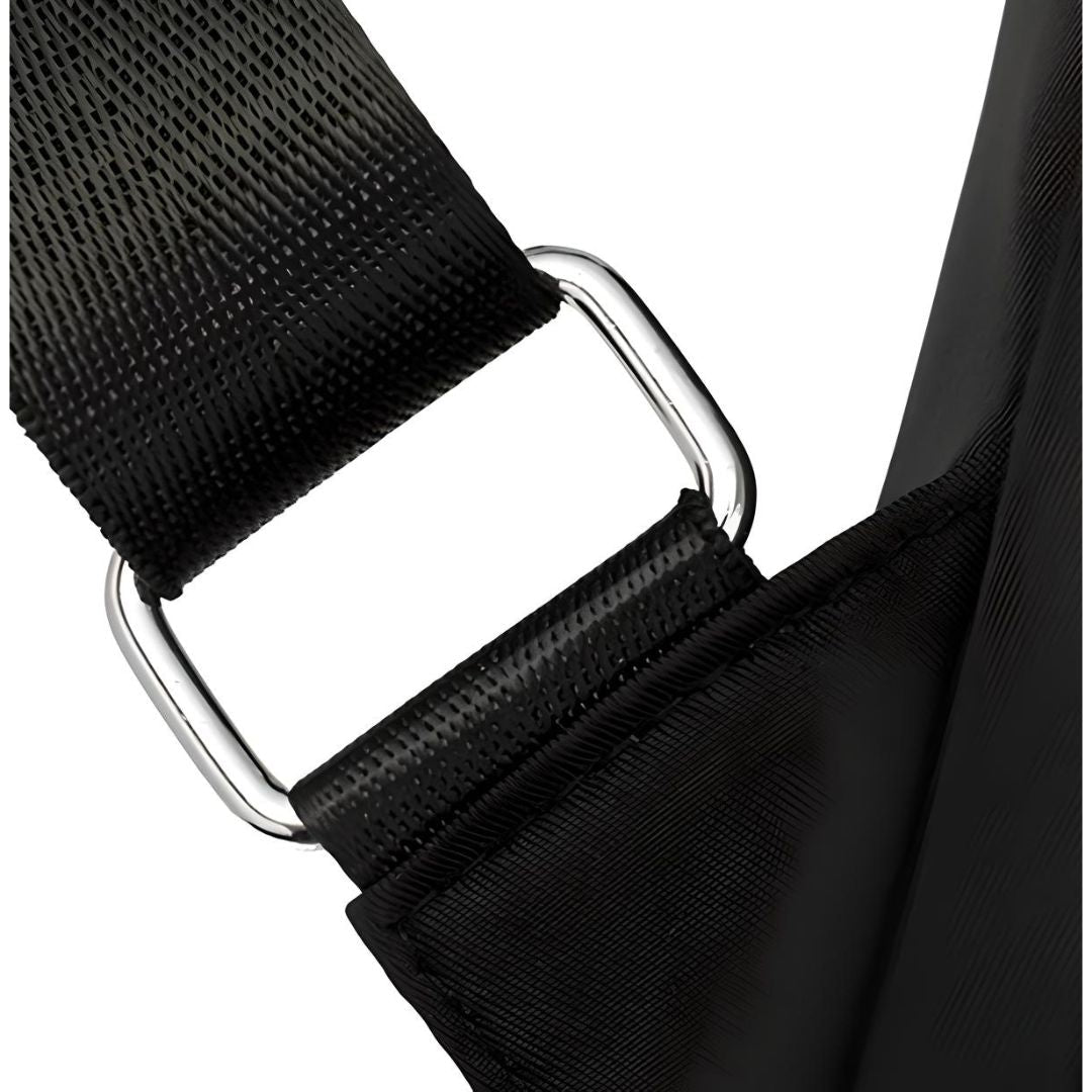 Close-up of a black nylon strap with a silver metal buckle, showcasing durable stitching and high-quality material. Ideal for backpacks and luggage.