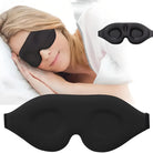 Woman sleeping with black sleep mask; comfortable eye mask for restful sleep, relaxation, and travel. Ideal for blocking light and improving sleep quality.