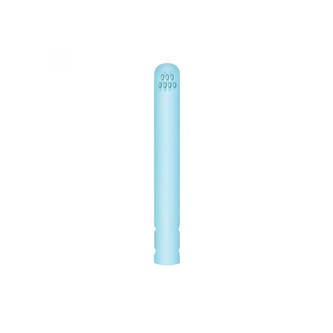 Light blue cylindrical air purifier filter with vent holes, isolated on white background. Compact design for efficient air filtration.