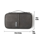 Compact black travel organizer bag with handle, featuring dimensions 23cm x 14cm x 3cm. Ideal for efficient packing and storage.