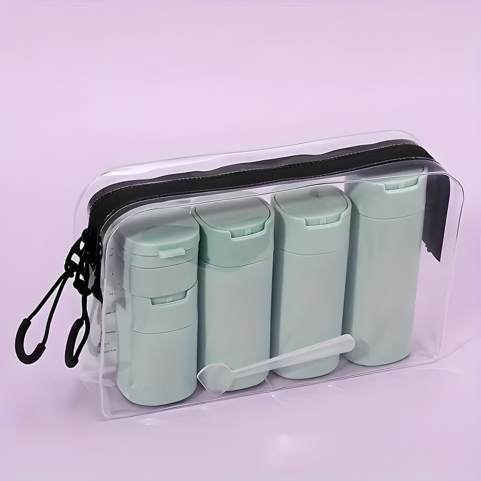 Travel toiletry kit with four mint green bottles and a spoon in a clear zippered pouch. Ideal for organizing cosmetics and toiletries on the go.