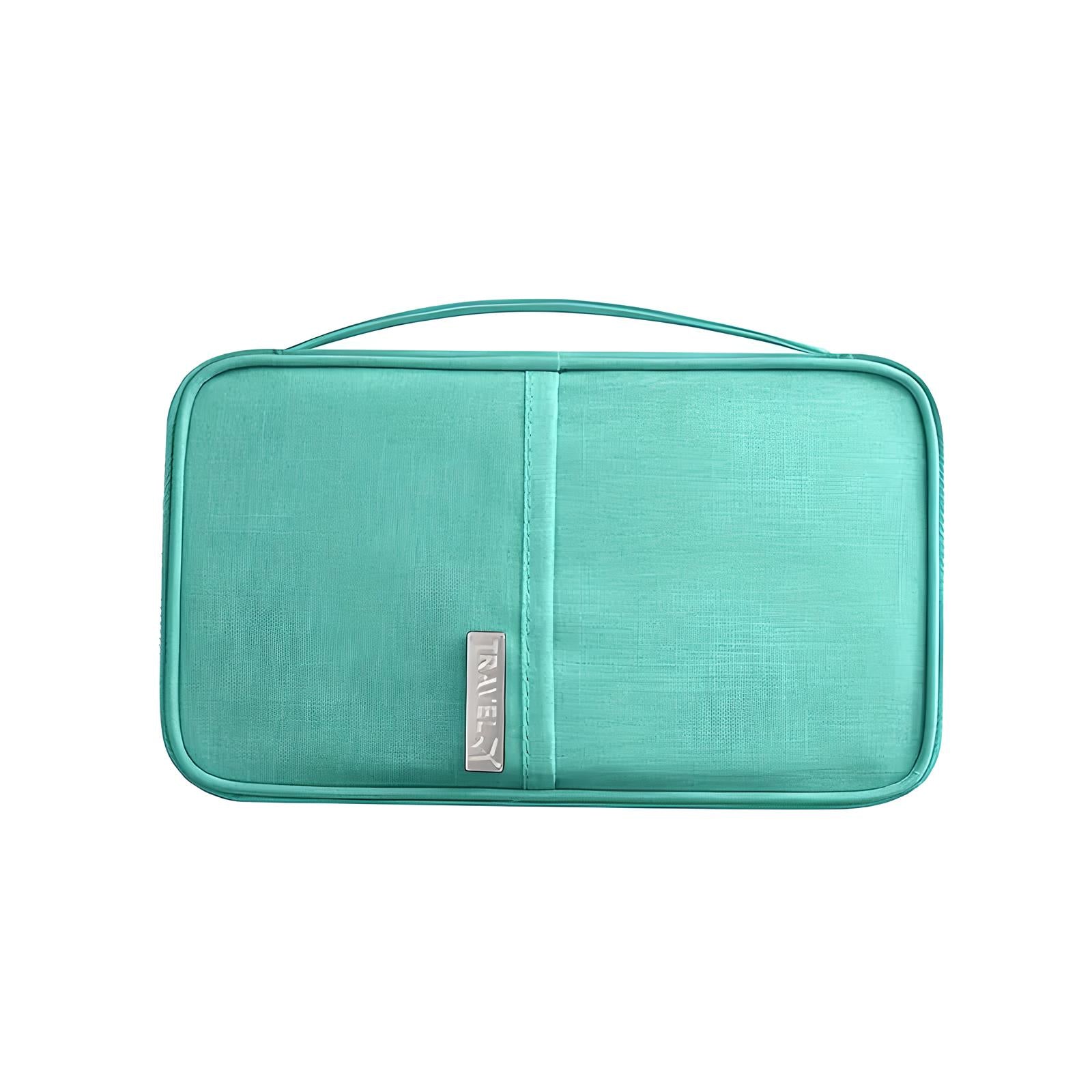 Turquoise travel toiletry bag with handle, featuring a sleek design and durable material. Ideal for organizing cosmetics and toiletries on the go.