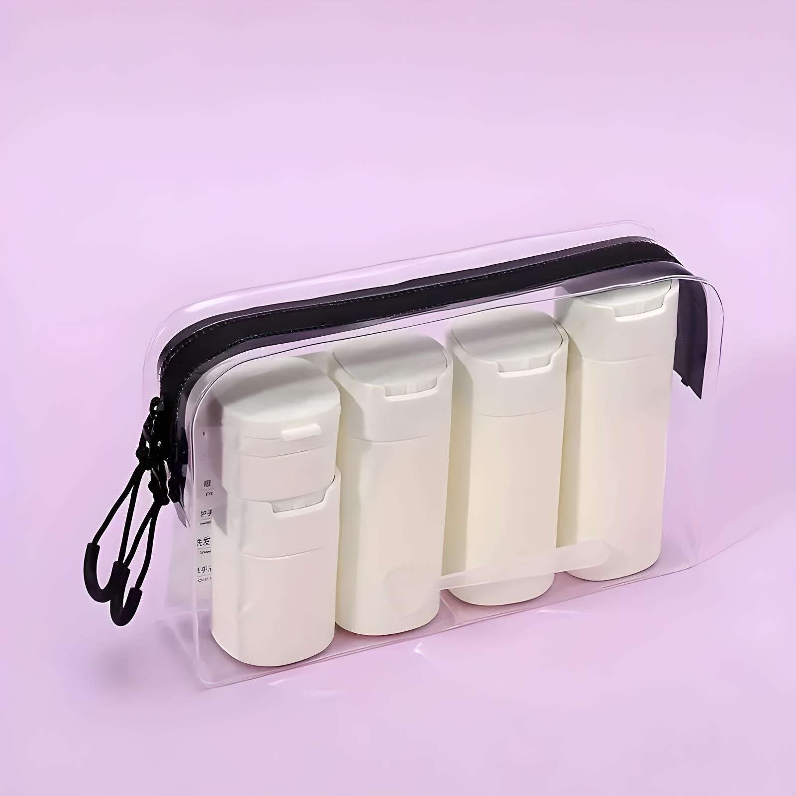 Clear travel toiletry bag with four white refillable bottles, ideal for TSA-approved carry-on liquids. Perfect for travel organization and convenience.