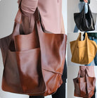 Stylish leather tote bags in brown, black, and yellow, featuring spacious design and front pocket. Perfect for fashion-forward, everyday use.