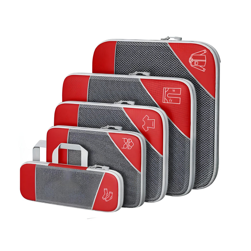 Set of five red and gray hard shell travel luggage bags with ergonomic handles, featuring durable design and modern style for convenient travel.