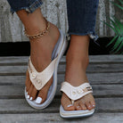 Women's non-slip wedge flip-flops with thick soles, featuring a stylish chain and button design. Perfect summer sandals for casual wear.