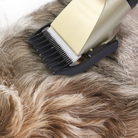 Electric pet hair clipper trimming dog fur, close-up. Professional grooming tool for pets, featuring sharp blades and ergonomic design.