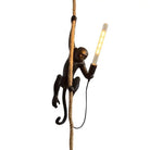 Monkey lamp hanging on rope, holding LED bulb. Unique home decor, creative lighting fixture, black monkey design, modern interior accessory.