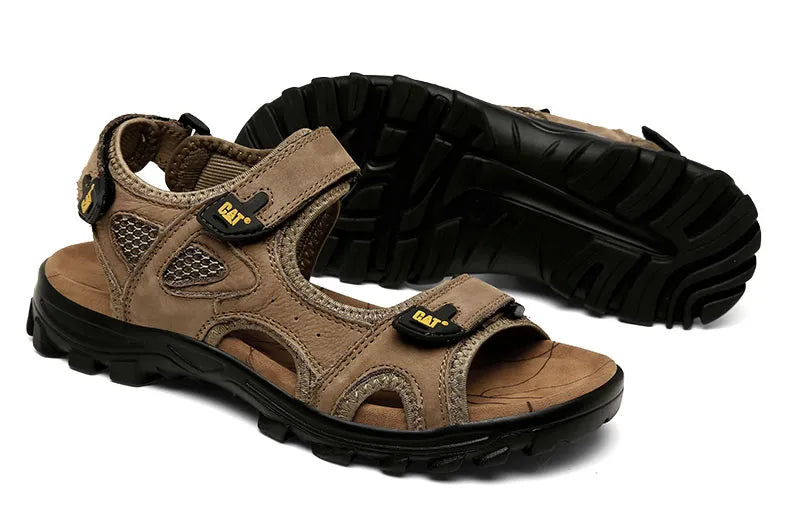 Men's brown leather hiking sandals with adjustable straps and durable black rubber soles, ideal for outdoor activities and summer adventures.