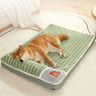 Shiba Inu sleeping on a plush green orthopedic dog bed with a soft, quilted surface, ideal for pet comfort and joint support in a cozy home setting.