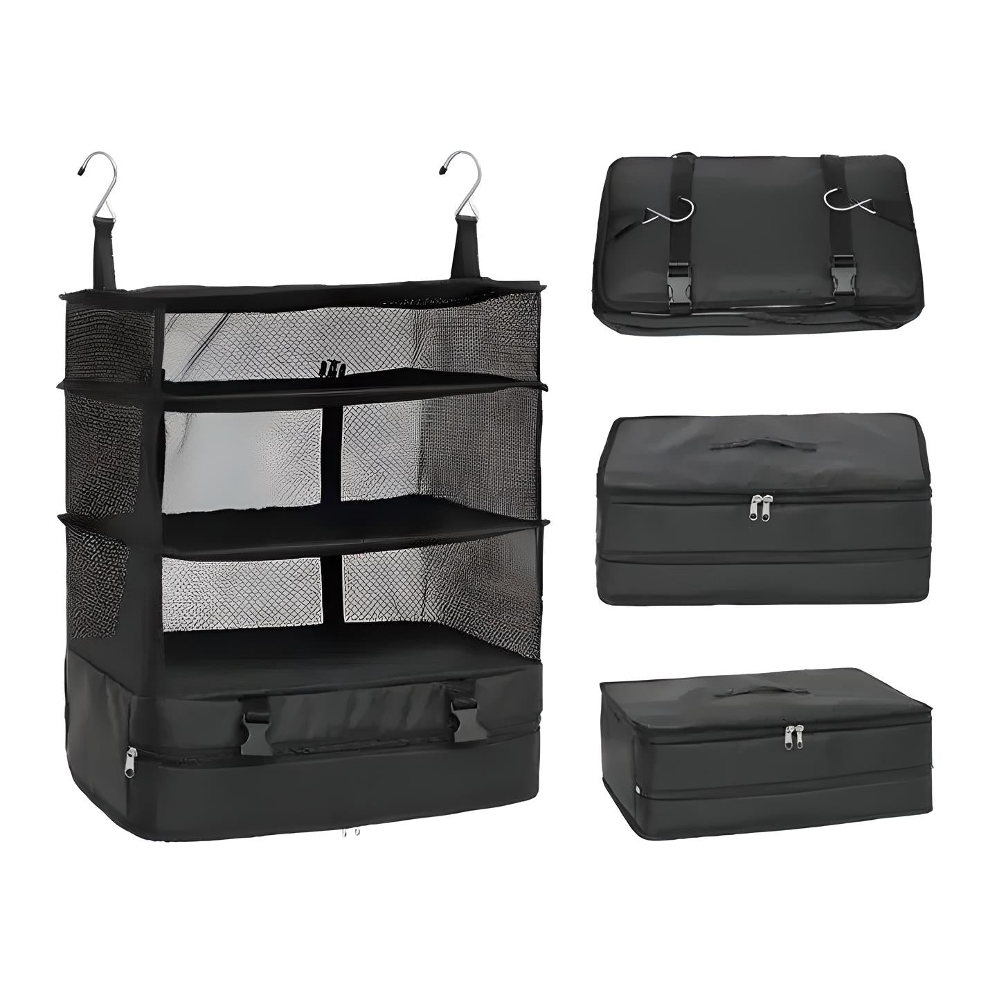 Collapsible travel organizer with hanging hooks, mesh shelves, and zippered compartments. Ideal for efficient packing and suitcase organization.