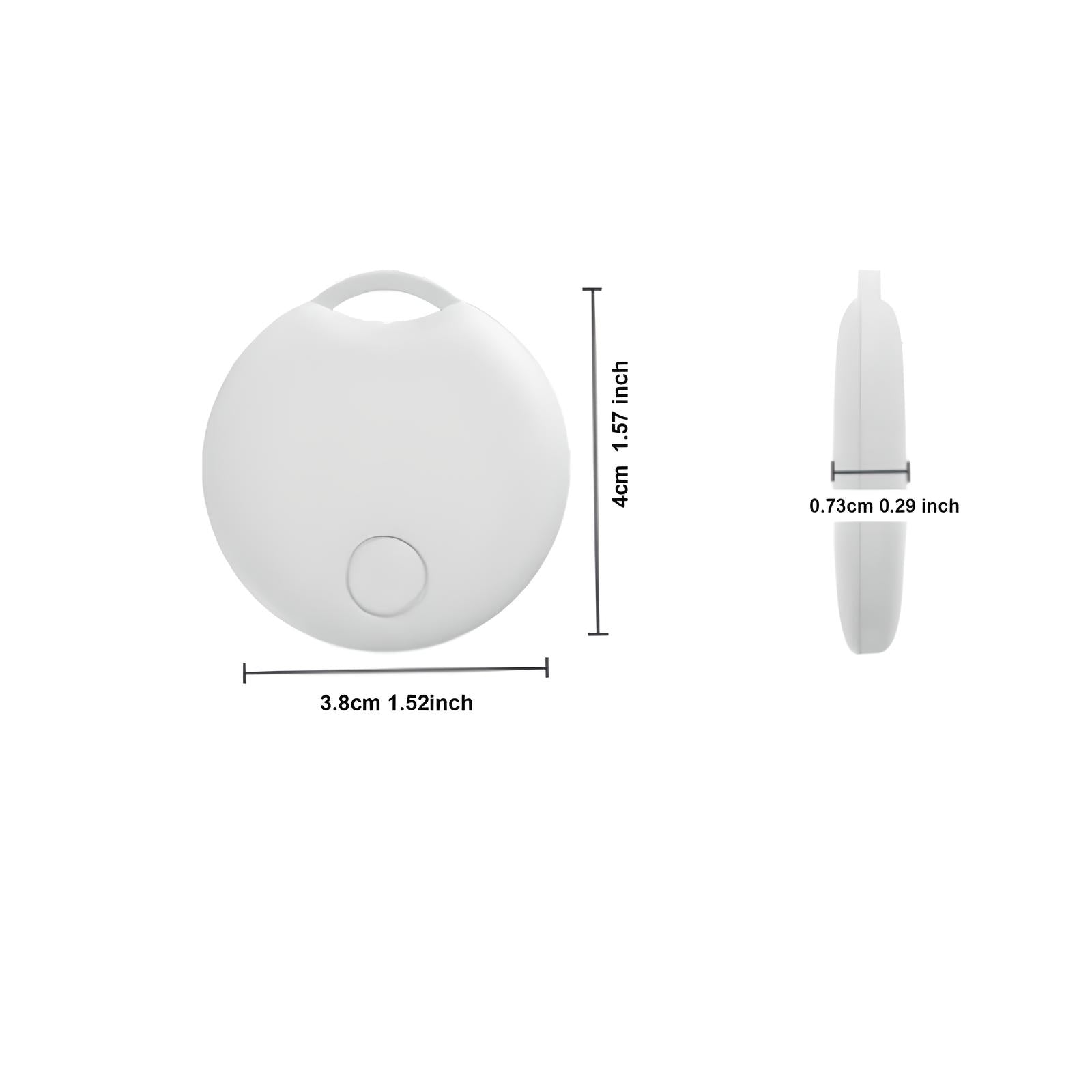 White round Bluetooth tracker device with dimensions 4cm x 3.8cm x 0.73cm, featuring a single button. Ideal for locating keys, wallets, and bags.