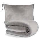 Soft gray travel blanket set with matching pillowcase, featuring plush, luxurious fabric. Ideal for comfort on flights and road trips.