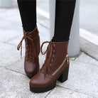 Brown leather lace-up ankle boots with chunky heels and side zippers, perfect for fall fashion. Stylish women's footwear for casual and trendy outfits.