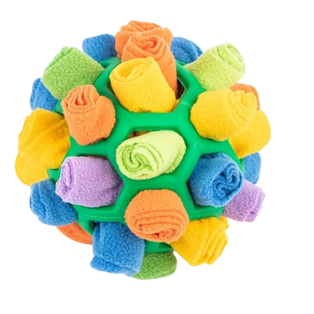 Colorful interactive dog toy ball with fleece strips, designed for mental stimulation and enrichment. Perfect for pet play and training activities.