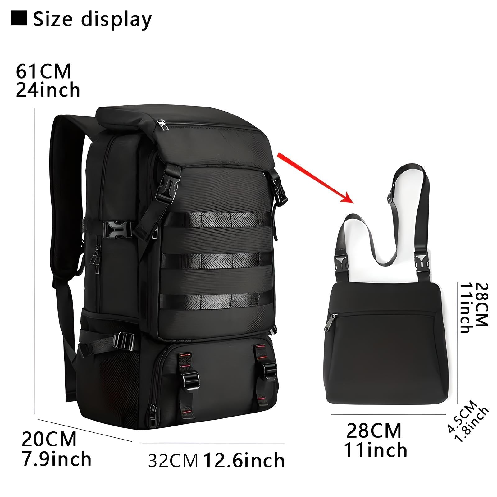 Black tactical backpack with detachable shoulder bag, featuring multiple compartments, adjustable straps, and durable material. Dimensions: 61x32x20 cm.