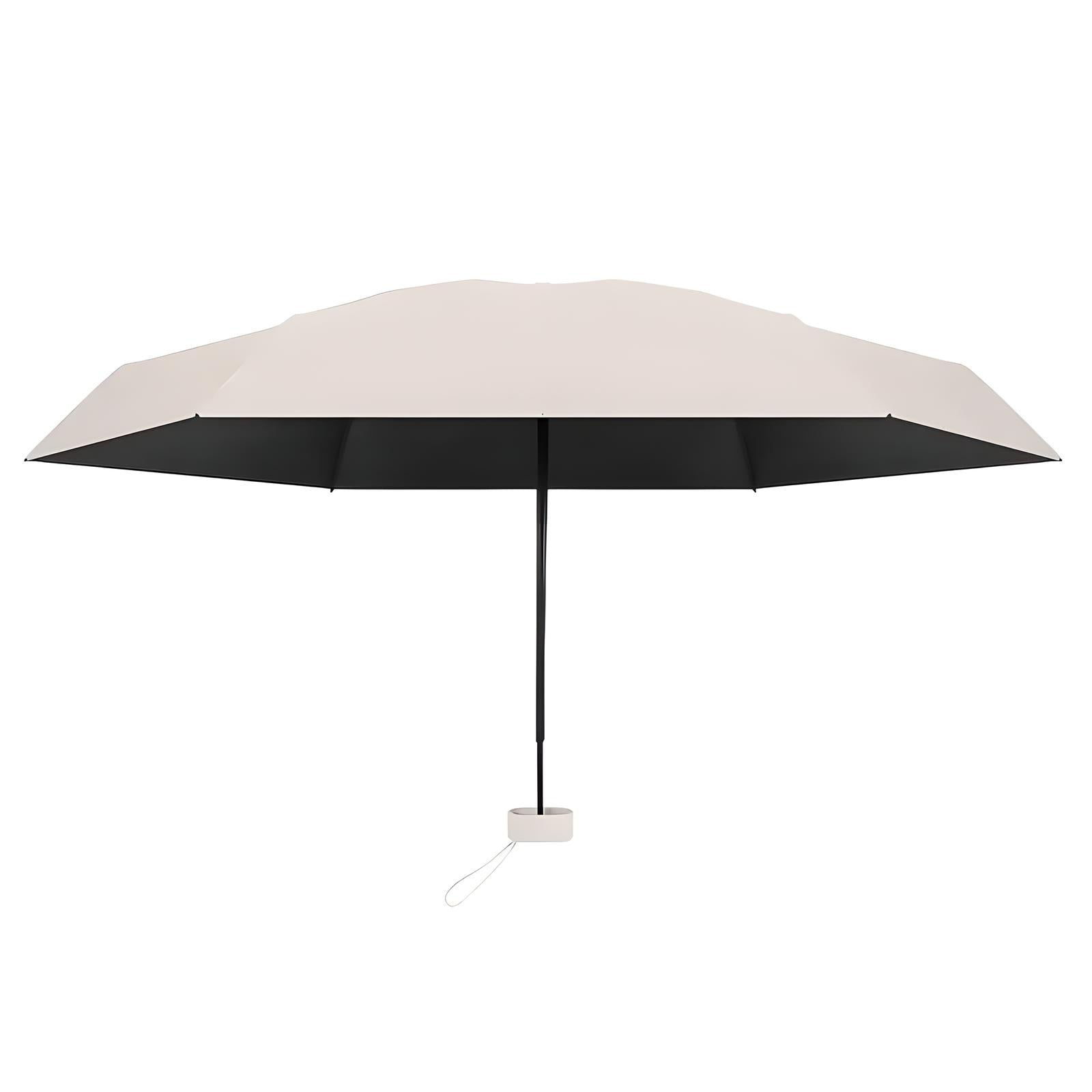 Beige compact travel umbrella with black interior, lightweight design, and ergonomic handle. Ideal for rain protection and easy portability.