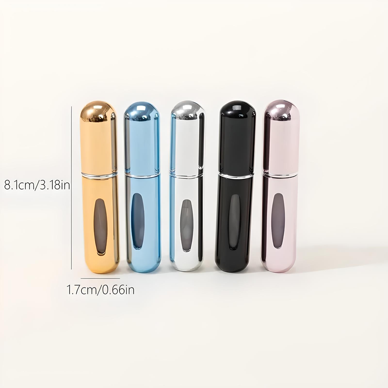 Set of five portable perfume atomizers in gold, blue, silver, black, and pink. Compact travel size, 8.1cm height, 1.7cm diameter, refillable design.