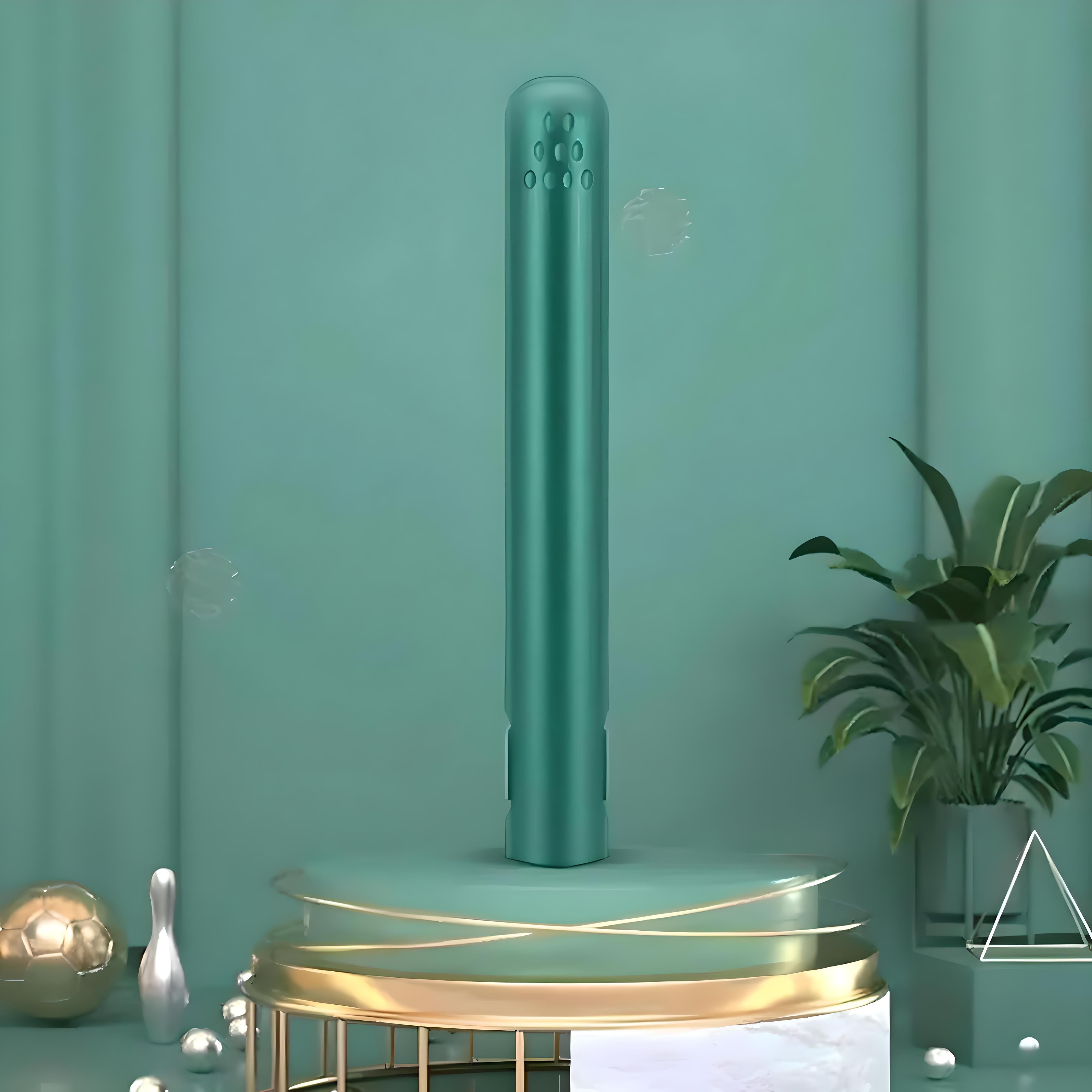 Sleek green air purifier on a stylish pedestal, surrounded by modern decor, plants, and geometric shapes, enhancing home air quality and aesthetics.