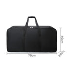 Large black duffel bag with dimensions 79cm x 40cm x 39cm, featuring durable handles and zipper closure, ideal for travel and storage.