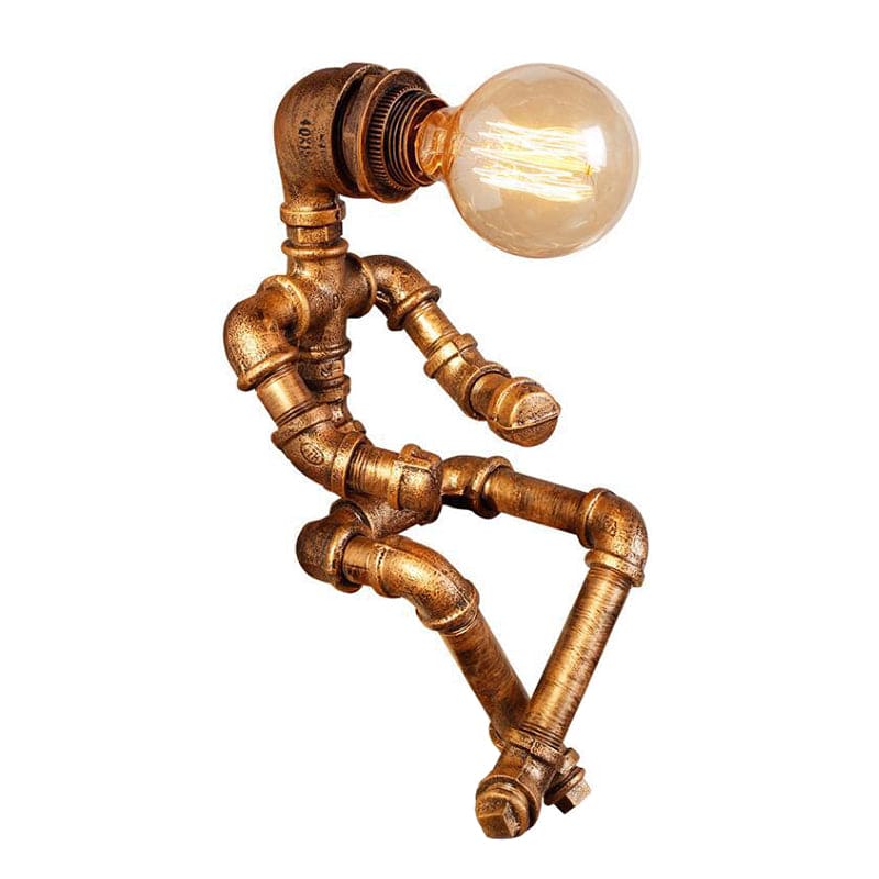 Industrial pipe lamp with Edison bulb, steampunk design, vintage bronze finish, unique home decor, creative lighting fixture, sitting figure shape.