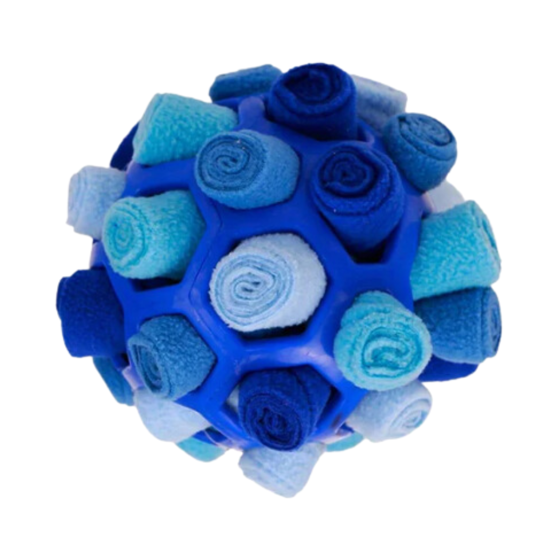 Blue interactive dog toy ball with fleece fabric rolls, designed for mental stimulation and enrichment. Perfect for pet play and training activities.