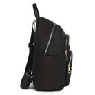 Sleek black backpack with gold zippers, side view. Features multiple compartments, adjustable straps. Ideal for travel, school, or work.