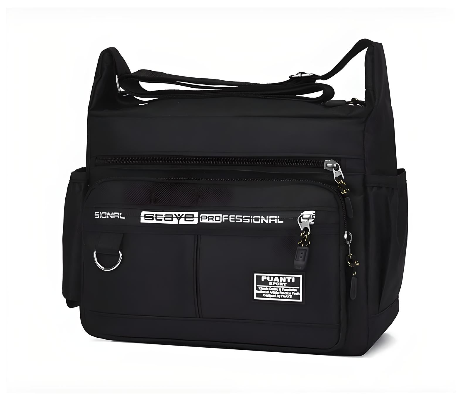 Black professional camera bag with multiple zippered compartments, adjustable shoulder strap, and durable design. Ideal for photographers and travel.