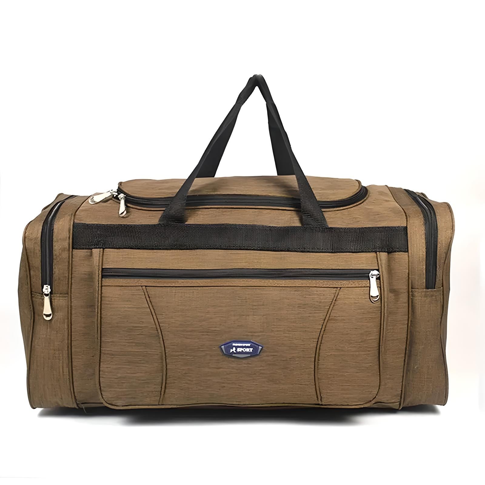 Brown travel duffel bag with multiple zippered compartments, durable handles, and a sleek design. Ideal for gym, sports, and weekend trips.