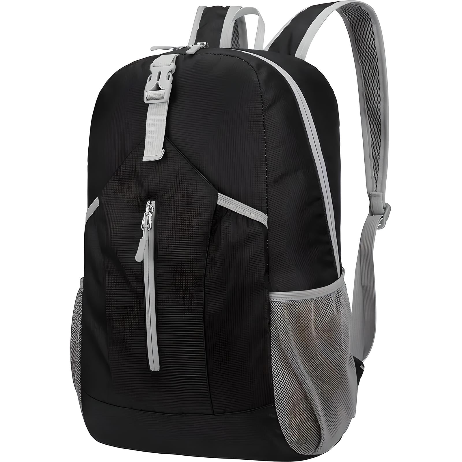 Black and gray lightweight backpack with front zipper pocket, adjustable straps, and mesh side pockets, ideal for travel, hiking, and school use.