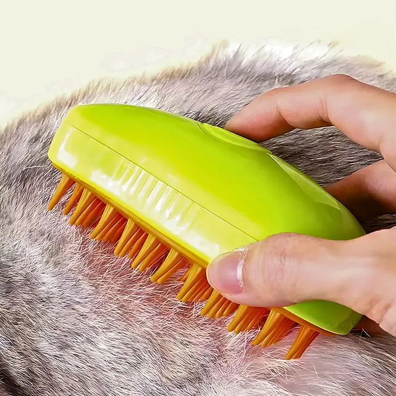 Pet grooming brush with yellow handle and orange bristles used on animal fur. Ideal for shedding, detangling, and pet care. Durable and ergonomic design.