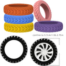 Colorful silicone tire covers for pet exercise wheels, featuring orange, blue, yellow, and pink options. Fits 5-7cm wheels. Durable and non-slip design.