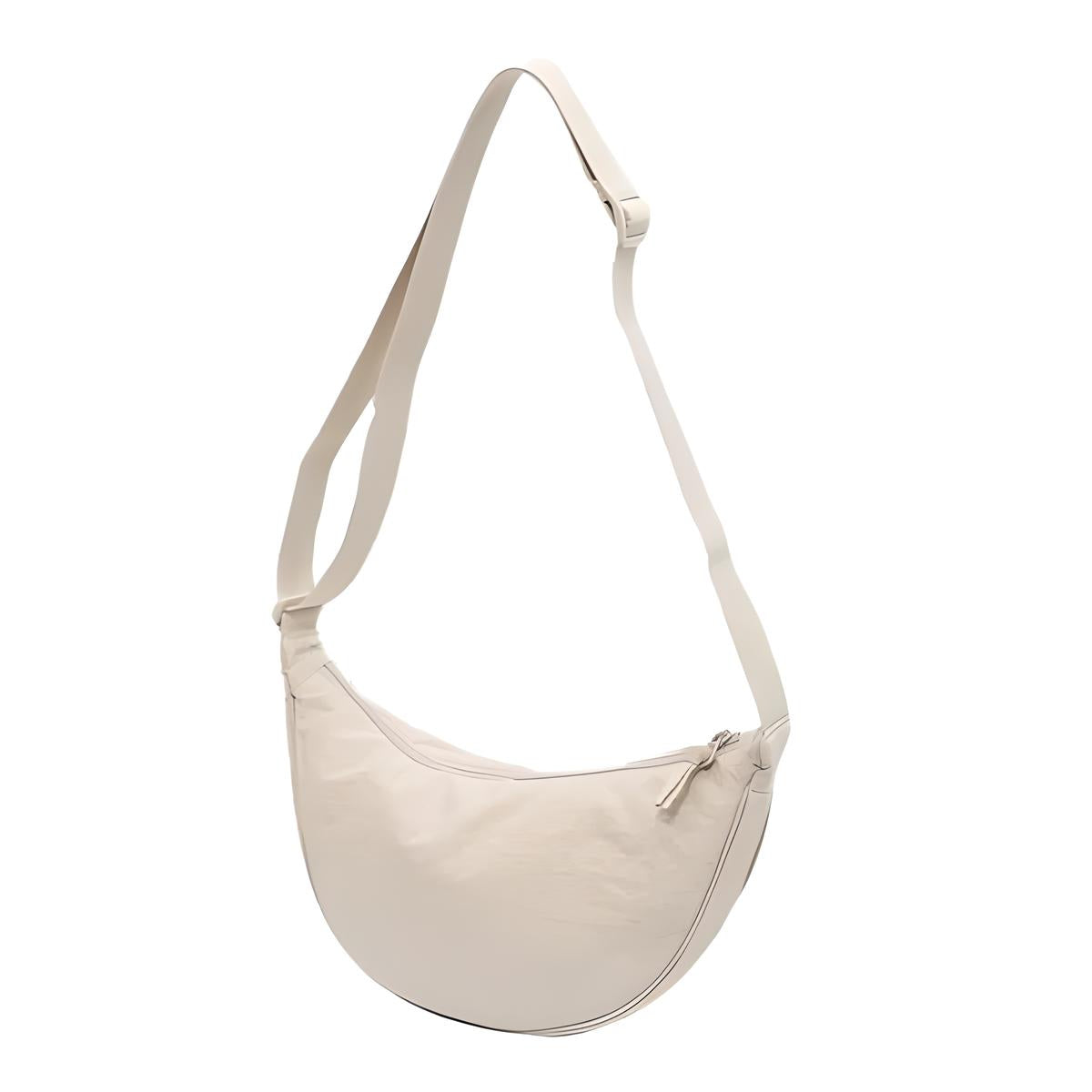 Cream crescent shoulder bag with adjustable strap and zipper closure, minimalist design, perfect for casual and stylish outfits.