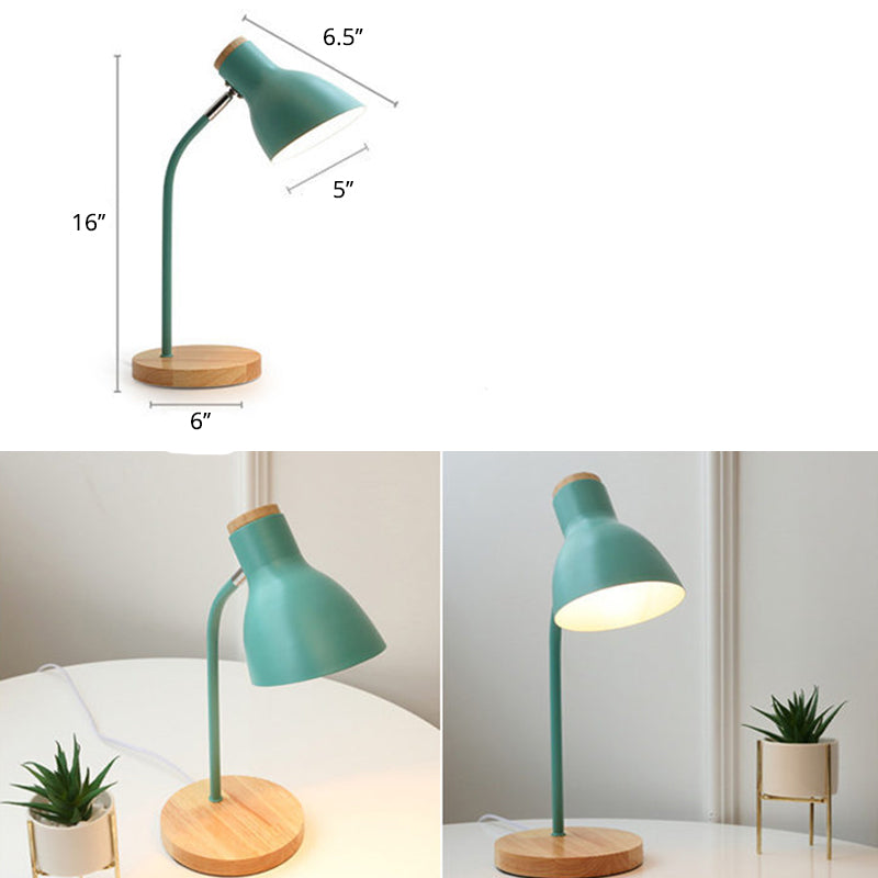 Modern green desk lamp with wooden base, 16-inch height, 6.5-inch shade, ideal for home office lighting. Stylish, minimalist design with adjustable neck.