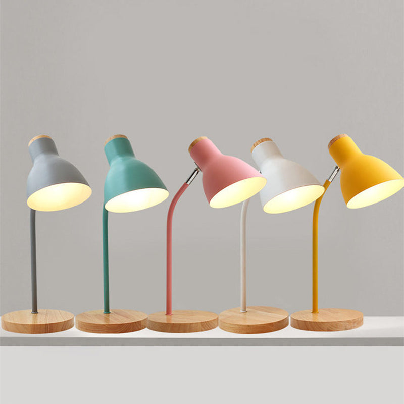 Colorful modern desk lamps with wooden bases in gray, teal, pink, white, and yellow. Ideal for home office lighting and contemporary decor.