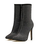 Elegant black stiletto ankle boots with sparkling rhinestone embellishments, pointed toe, and side zipper. Perfect for fashion-forward women's footwear.