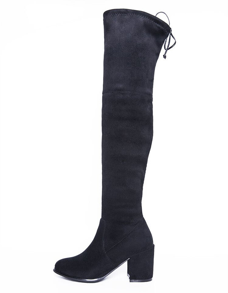 Black over-the-knee suede boots with block heel and drawstring top, stylish women's footwear, perfect for fall fashion and winter outfits.