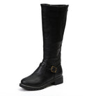 Black knee-high leather boot with buckle, chunky heel, and side zipper. Stylish women's footwear, perfect for fall fashion and casual wear.