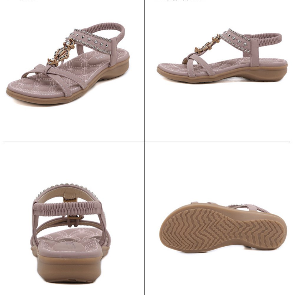 Women's beige strappy sandals with rhinestone embellishments, cushioned sole, and non-slip tread. Perfect for summer fashion and casual wear.