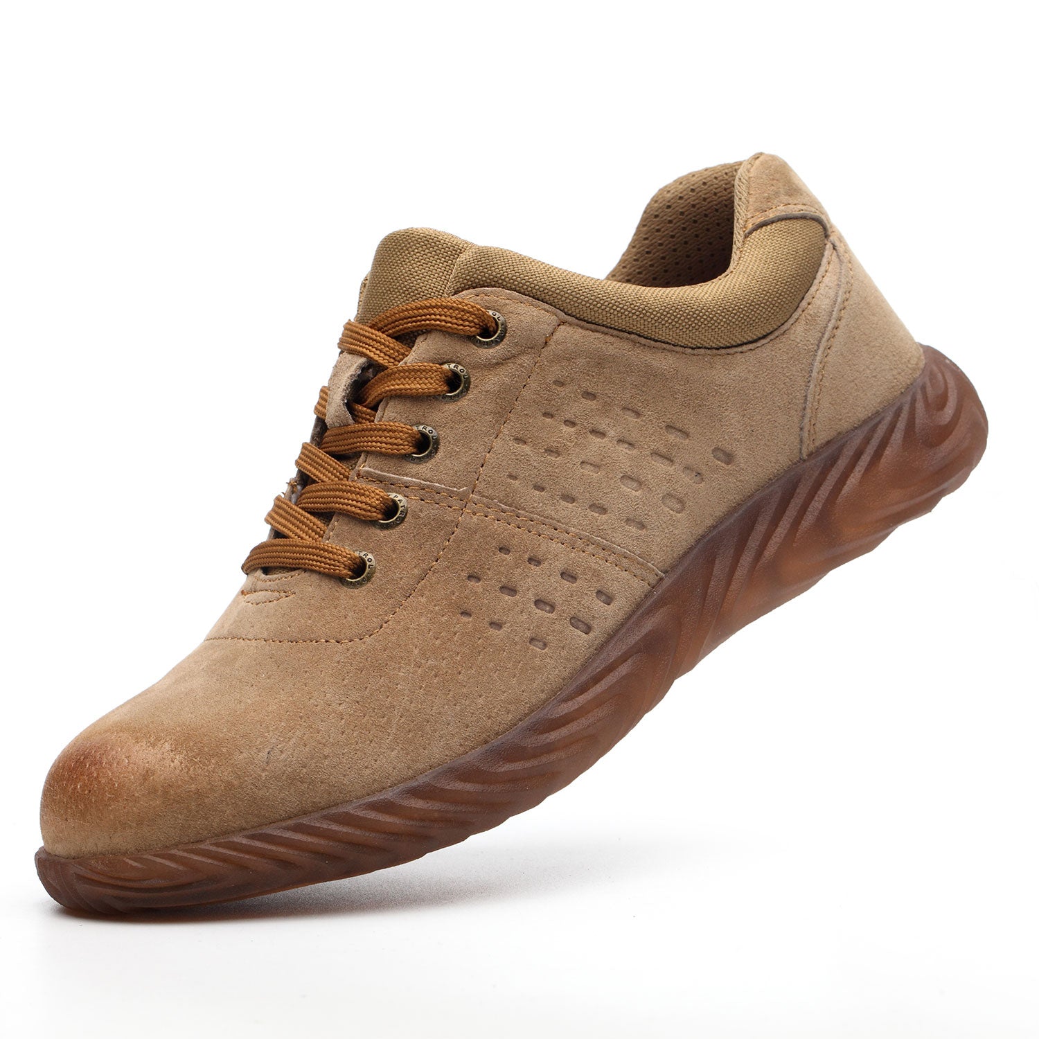 Tan suede casual sneaker with brown laces and textured sole, featuring breathable perforations. Ideal for everyday comfort and style.