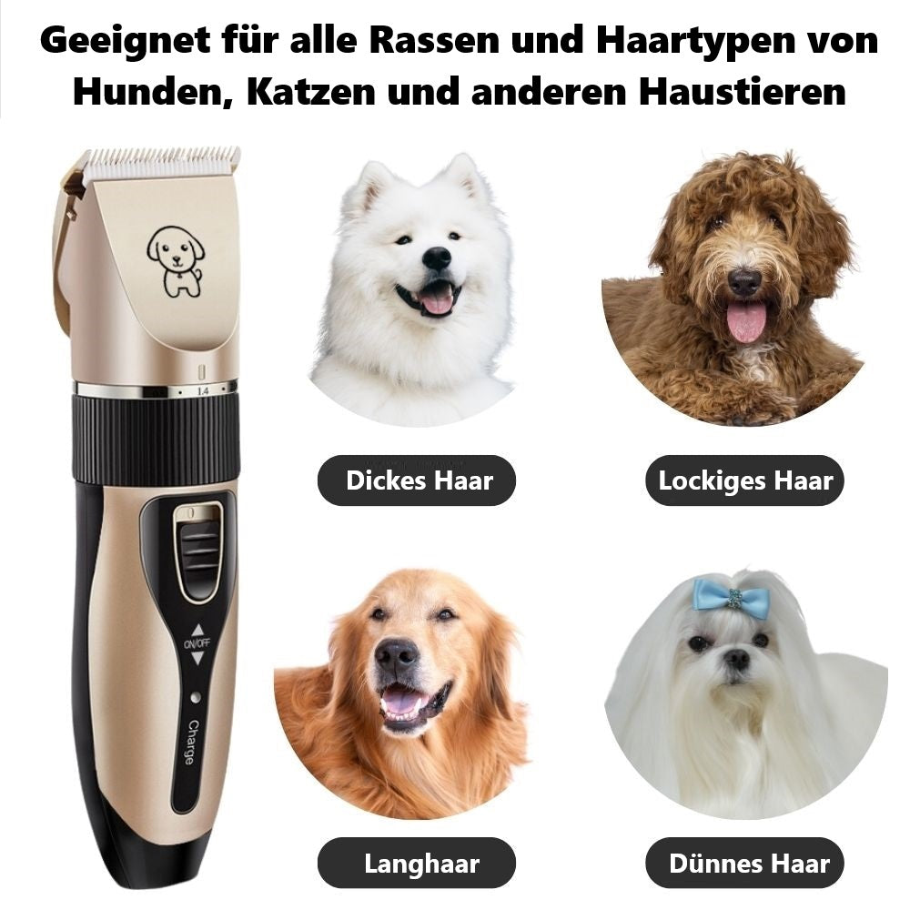 Pet grooming clipper for dogs and cats, suitable for all breeds and hair types. Features images of different dog breeds with various hair textures.