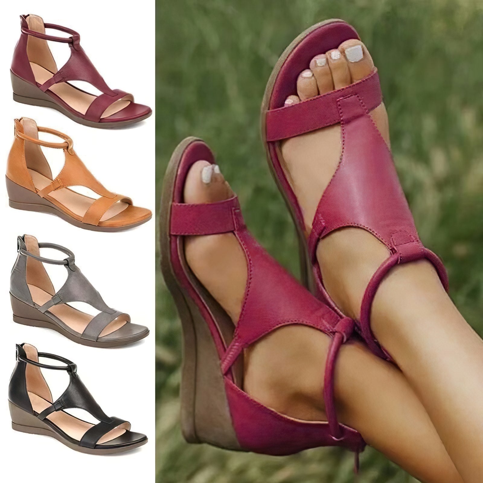 Women's open-toe wedge sandals in red, tan, gray, and black. Stylish summer footwear with ankle straps, perfect for casual and dressy occasions.