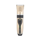 Pet grooming clipper with adjustable blade, gold finish, and dog illustration. Ideal for precise pet hair trimming. Rechargeable and ergonomic design.