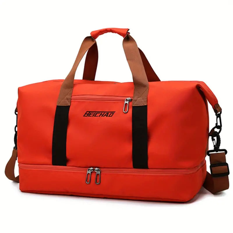 Bright orange travel duffel bag with dual handles, adjustable shoulder strap, and multiple zippered compartments. Ideal for gym, sports, and travel.