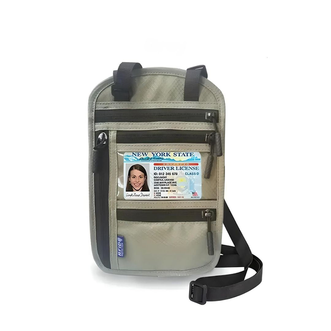 Travel neck wallet with visible ID window displaying a New York State driver's license. Features multiple zippered compartments and adjustable strap.